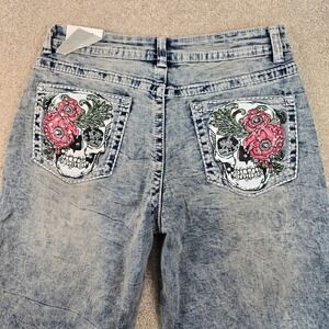 Telepatia Womens Mid Rise Wide Leg Acid Wash Skull Floral Rhinestone Jeans 13/31